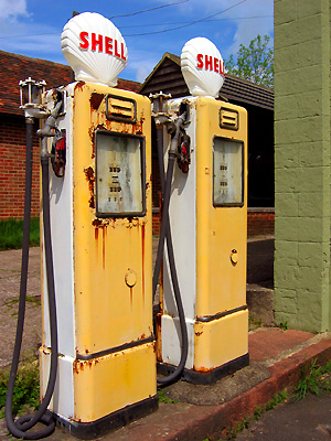 Old Shell petrol pumps, Harrietsham, Kent, England, Britain, UK