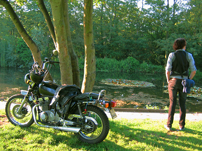 Ryan and a motorbike, next to the Roman River in Fingringhoe village