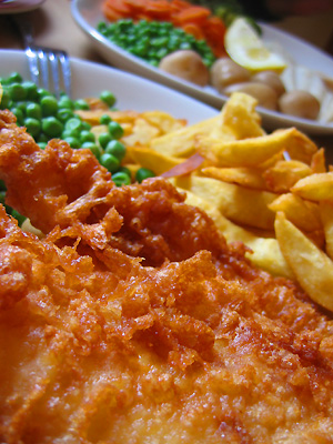 Fish and chips, Donkey & Buskins pub, Layer de la Haye, Colchester, Essex, England, United Kingdom