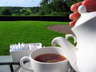 Tea, teapot, beer garden, Whalebone pub, Fingringhoe, Colchester, Essex, East Anglia, England, Britain, UK